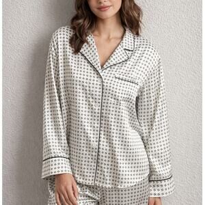 New Lilysilk Penna Silk Pajama Top Women's M Dark Olive Ivory Long Sleeve